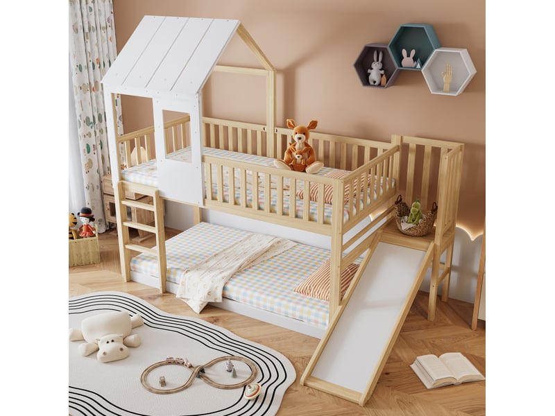  Modenvie lit mezzanine enfant 90x200 cm - avec toboggan, toit avec fenetre, sans matelas - naturel  - Conforama E