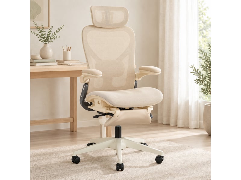  Fauteuil de bureau ergonomique 62x67 cm – crème – pliable avec appui-tête 3d, soutien lombaire et repose-pieds  - Conforama E