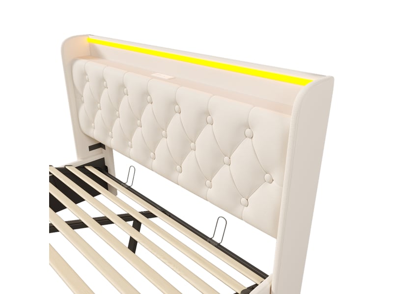  Lit coffre adulte 160x200 cm, lit double avec led , port usb type-c, sommier, pu blanc, matelas inclus  - Conforama E