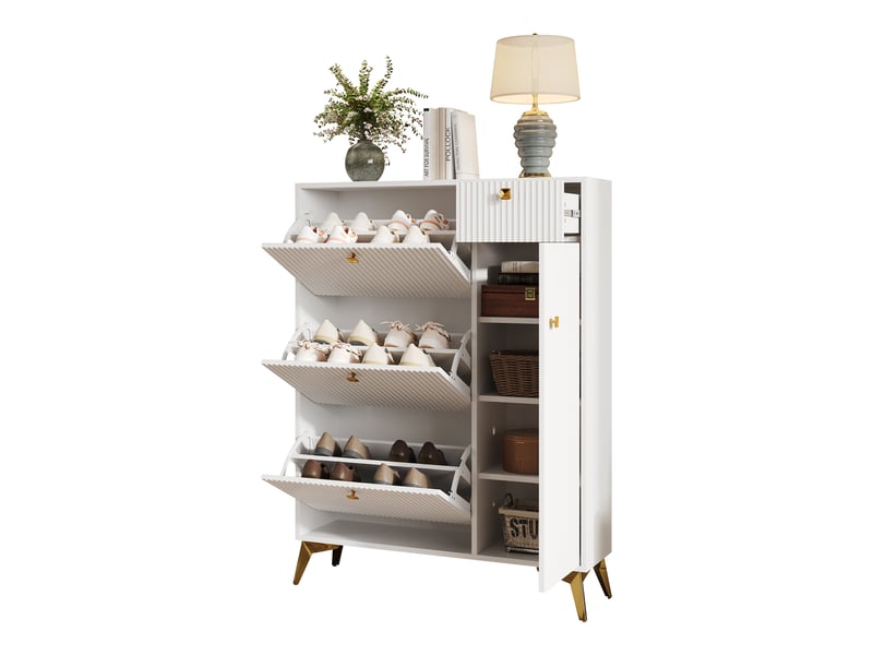 Meuble à chaussures oslo blanc 90x25x121 cm, 3 abattants, 1 tiroir & 1 porte, rangement étroit - Conforama B
