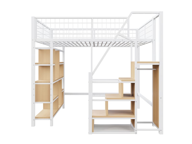  Lit mezzanine 140x200 avec escalier et rangement intégré, cadre en métal robuste, lit mezzanine blanc idéal pour adulte et enfant.  - Conforama A