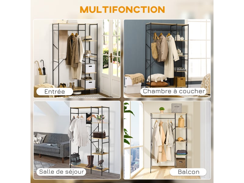  Penderie portant à vêtements style industriel en métal dim. 100l x 46l x 170,5h cm - avec tringle et 4 étagères  - Conforama A