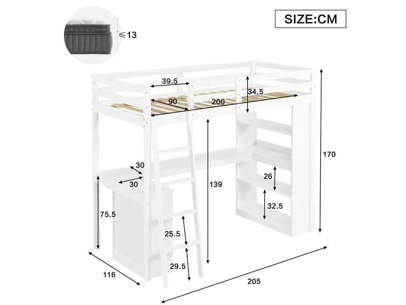  Lit mezzanine enfant 90x200 cm avec rangement, tablette d'angle et échelle inclinée, bois et mdf, blanc, sans matelas  - Conforama C