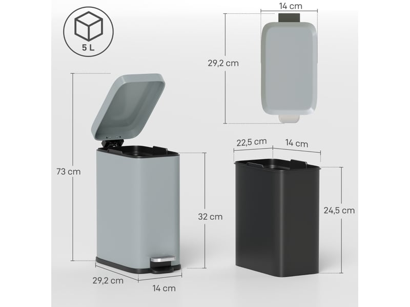  Poubelle à pédale 5 l 29,2 cm avec seau intérieur grise  - Conforama C
