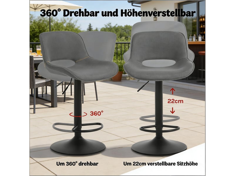  Lot de 2 tabourets de bar pivotants avec hauteur réglable et dossier ergonomique, en lin et métal gris  - Conforama E