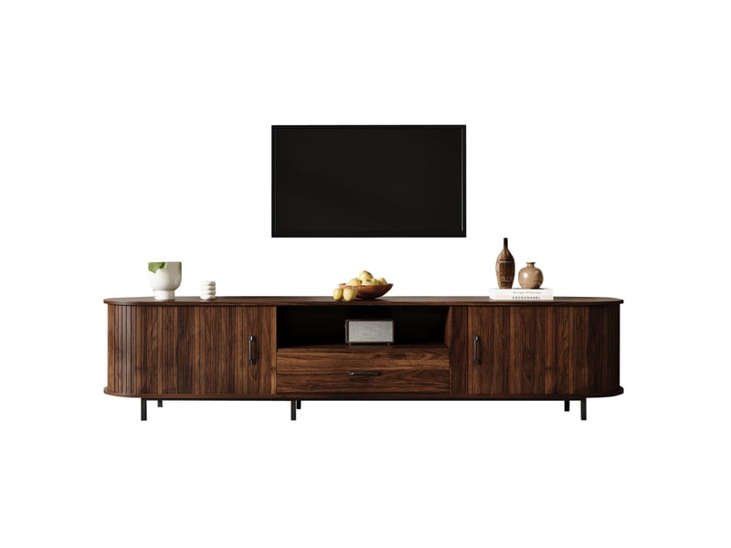  Meuble tv 180x40x50 cm avec tiroirs et niches de rangement, structure en mdf, coloris bois foncé noyer, pour le salon  - Conforama A