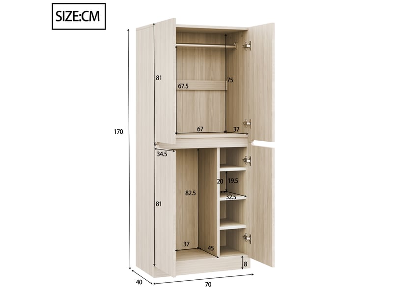 Armoire 2 portes avec penderie, grand compartiment bas et niche latérale pour chambre, bois naturel, 70 × 40 × 170 cm - Conforama E