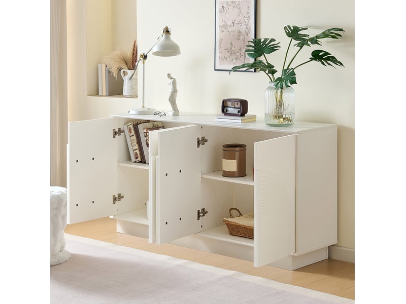  Buffet moderne 160x38x80 cm, 4 portes cintrées, meuble de rangement élégant pour salon et salle à manger, mdf blanc  - Conforama B