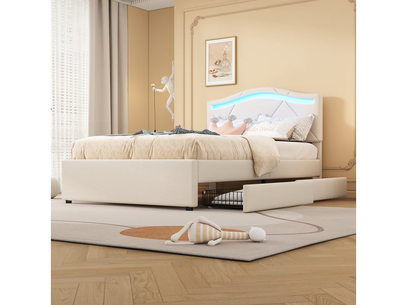  Lit capitonné 90x200cm, beige, sans matelas, led, deux tiroirs, tête réglable, lin et mdf, style minimaliste  - Conforama E
