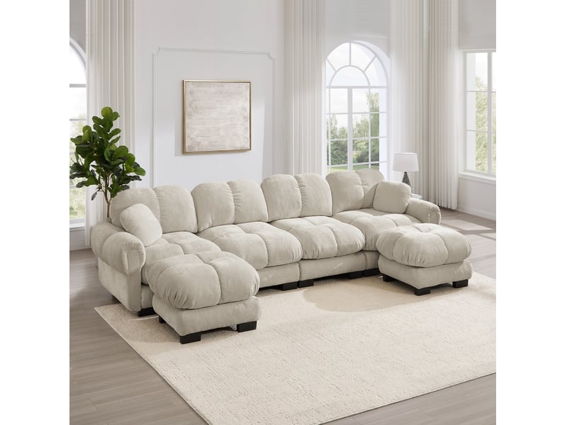  Canapé d’angle modulable en u modenvie 4 places en chenille avec 2 poufs mobiles, 330 x 149 x 90 cm, taupe clair  - Conforama E