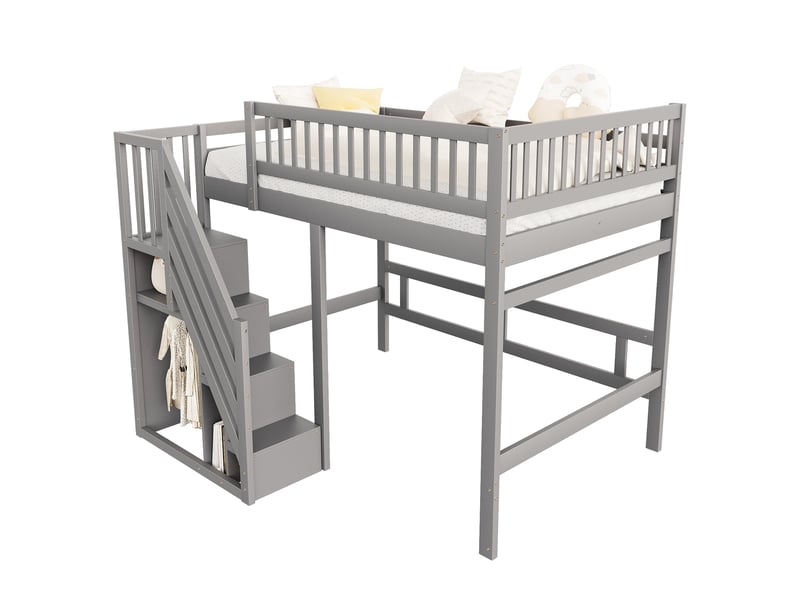  Lit mezzanine 140x200 cm, cadre de lit double en bois massif, lit enfant avec placard de rangement, gris  - Conforama R