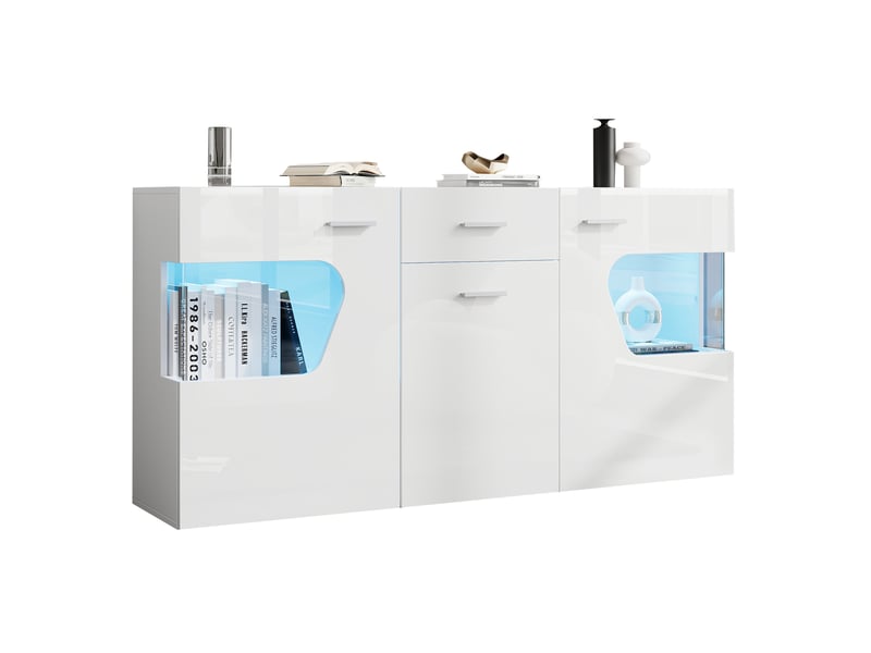  Buffet bas 140x33x70 cm, 3 portes, led intégrée, mdf blanc, design moderne, meuble de rangement pour salon et cuisine  - Conforama A