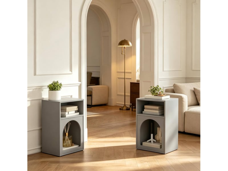  Lot de 2 tables de chevet grises en mdf peint, à niches ouvertes et design arqué pour petite chambre  - Conforama B