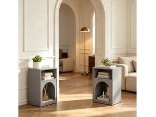 Lot de 2 tables de chevet grises en mdf peint, à niches ouvertes et design arqué pour petite chambre
