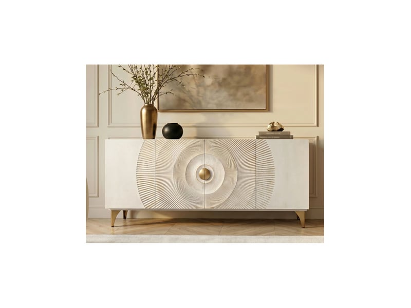 Buffet solaris 177 cm blanc et doré – 4 portes sculptées motif solaire en bois de manguier - Conforama D
