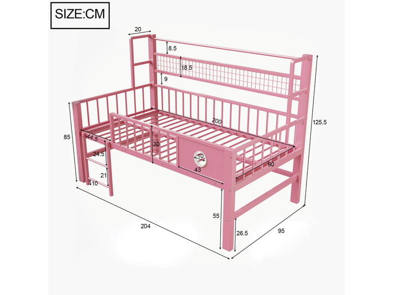  Lit mezzanine bas enfant 90 x 200 cm avec rangement, métal et mdf, rose  - Conforama C