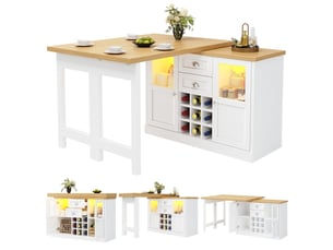 Îlot de cuisine extensible 120-197 x 40 x 72 cm, plateau pivotant à 360°, led 3 couleurs, 2 tiroirs, casier 9 bouteilles, blanc