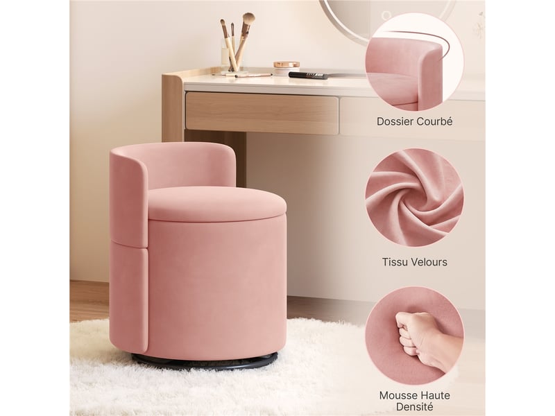 Tabouret de coiffeuse pivotant à 360° en velours rose avec coffre de 40 l et dossier ergonomique rose 594025 Pink - Conforama W