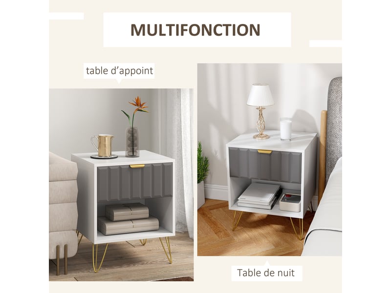  Table de chevet, table d'appoint compartiment ouvert, tiroir et poignée, pieds en acier, blanc, 45 x 40 x 55  - Conforama E