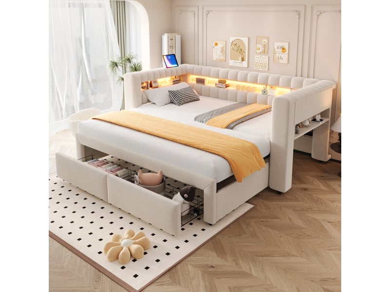  Canapé-lit convertible 90/180x190 cm avec rangements, led et ports usb-c, velours beige, sans matelas  - Conforama B