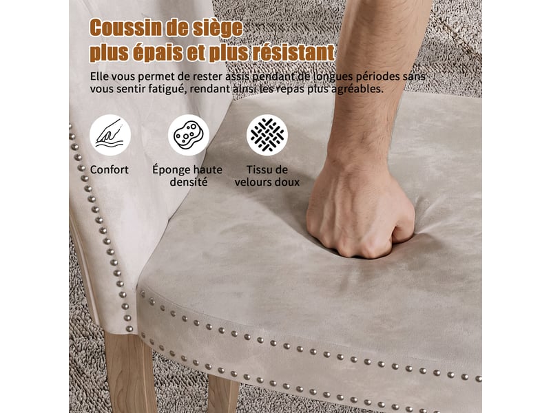  Lot de 2 chaises salle à manger,chaises de cuisine, dossier clouté,pieds en bois,rembourrée,50x47x99 cm,velours,beige  - Conforama R
