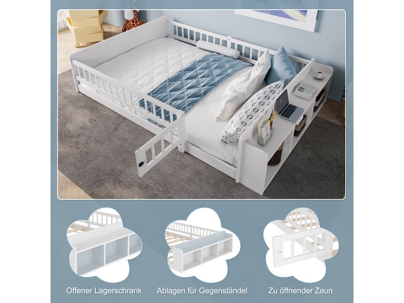Lit enfant 140x190 blanc, lit avec rangement ouvert et étagères, cadre en bois de pin, barrière ouvrable, sans matelas. - Conforama R