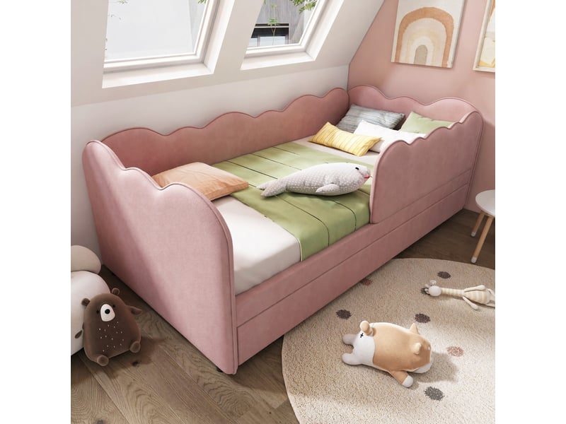 Lit enfant gigogne 90x190 cm avec sommier à lattes, revêtement velours rose - Conforama C