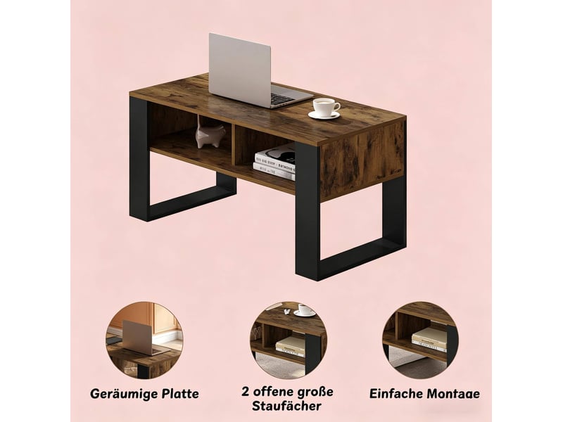  Table basse avec 2 niches de rangement, structure stable, style moderne, pour salon, en bois, noir et marron, 90 × 45 × 45 cm  - Conforama E