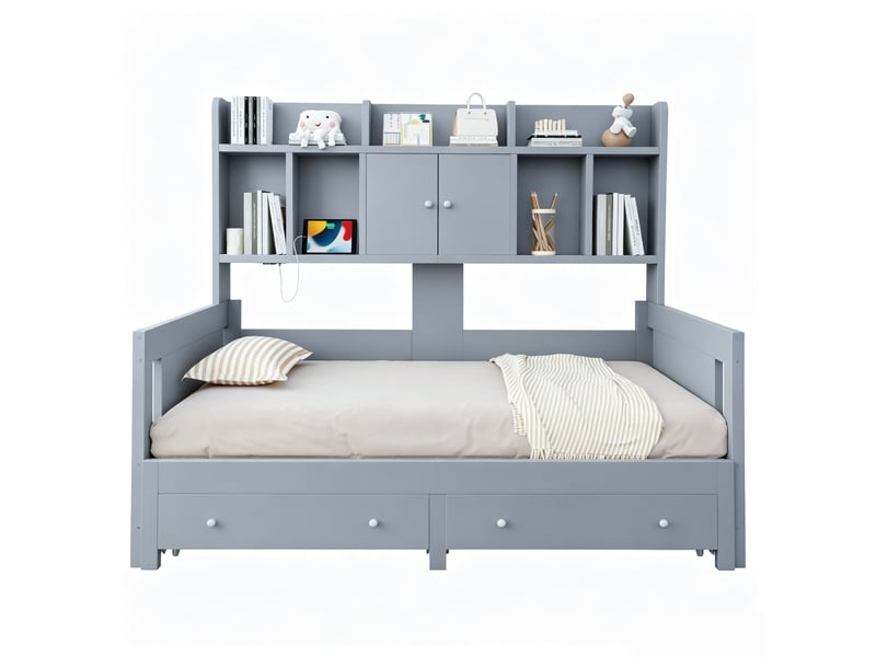  Lit gigogne 90x190 cm avec rangement - canapé lit extensible 180x190 cm - 2 tiroirs, led et prise - bois gris  - Conforama A