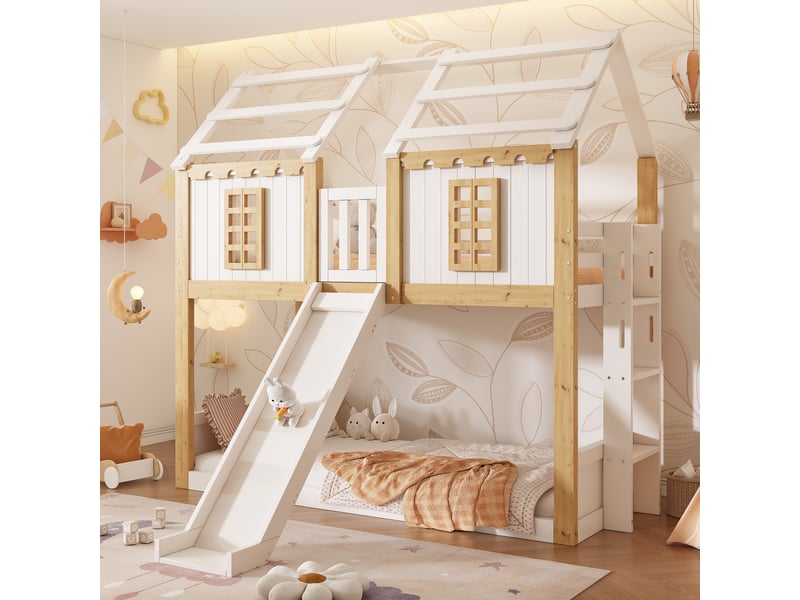 Lit superposé cabane 90x200 cm avec toboggan et échelle réversible Fay Lum - Conforama D