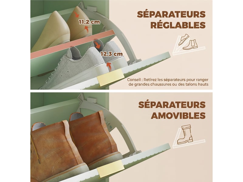  Banc à chaussures avec coussin d'assise rembourré et tiroir rabattable pour couloir, chambre, 62 x 26 x 47,5 cm, vert  - Conforama R