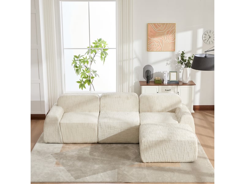  Canapé modulable en chenille 3 places beige - sans montage, mousse haute résilience 30d  - Conforama D