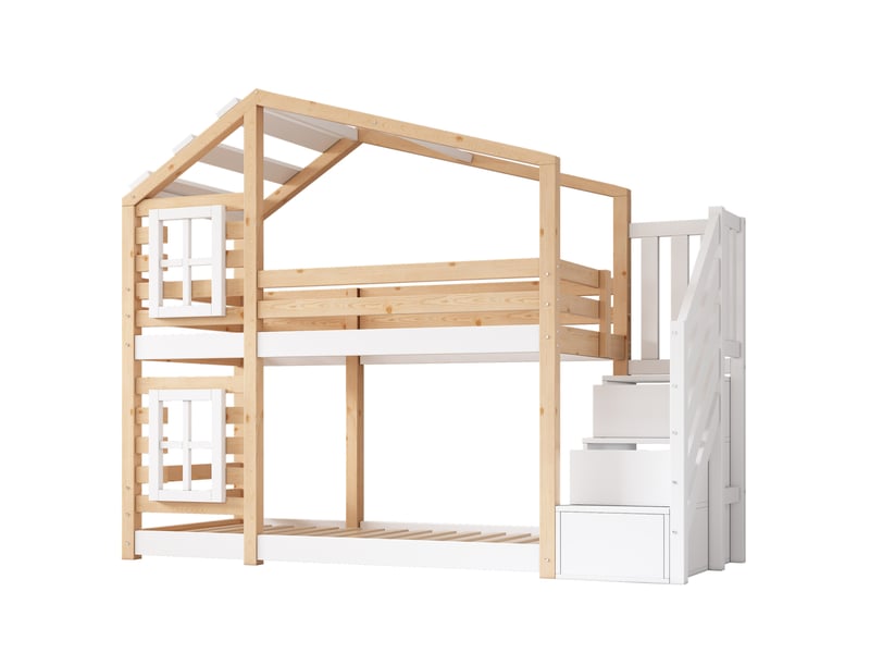 Lit superposé enfant 90x200 cm – naturel et blanc – escalier-rangement, 2 sommiers à lattes - sans matelas - Conforama D