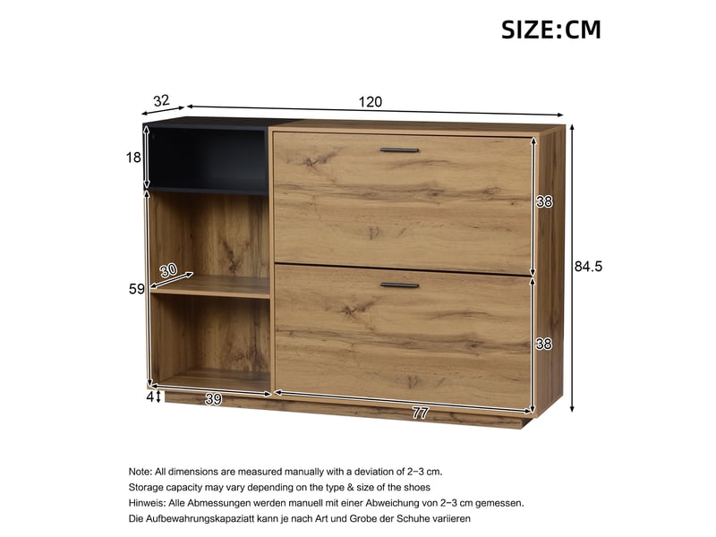  Meuble à chaussures - 120x32x84.5cm - 2 portes abattantes &amp; 3 niches ouvertes, rangement 12 paires en mdf - bois &amp; noir  - Conforama E