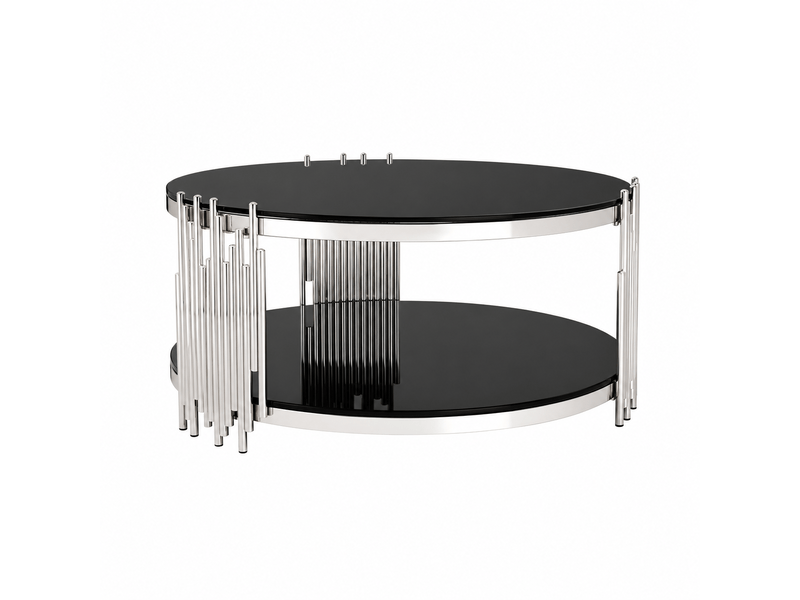  Table basse ronde en verre noir 80cm avec double plateau verre et base acier argenté pour salon  - Conforama A