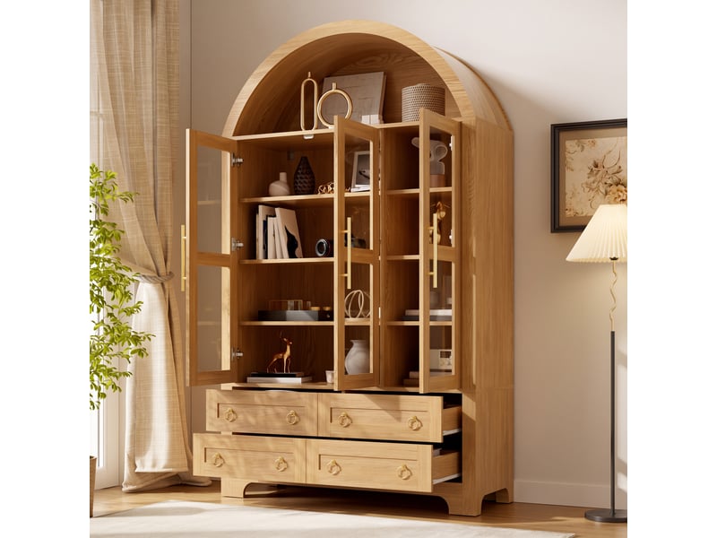  Buffet 110x40x185cm avec 3 portes et 4 tiroirs, niche ouverte arquée, grand rangement, poignées en aluminium, mdf naturel ABC - Conforama E