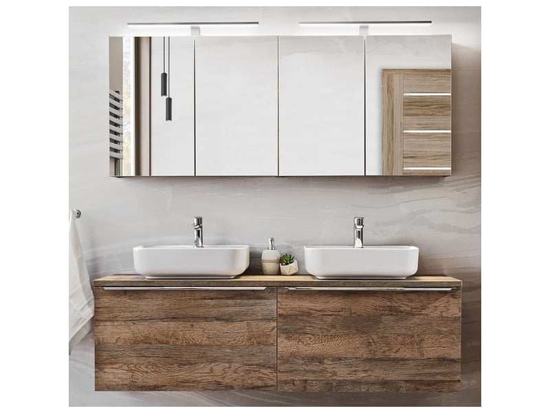  Ensemble salle de bain double vasques blanches 160 cm + cabinets miroirs - rosario oak  - Conforama A