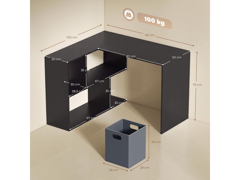  Bureau d'angle avec tiroir en tissu et étagères noir 110 x 100 x 75 cm  - Conforama C