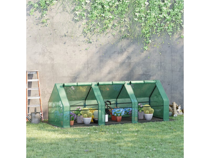 Serre de jardin verte 270 x 90 x 90 cm en acier avec film pe 140 gm² et fenêtres enroulables zippées pour semis - Conforama B