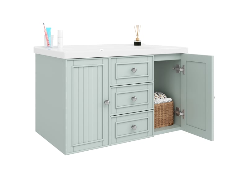  Meuble sous vasque suspendu avec tiroirs, porte et lavabo en céramique pour salle de bain, mdf vert, 78,5×46×46,8 cm  - Conforama A