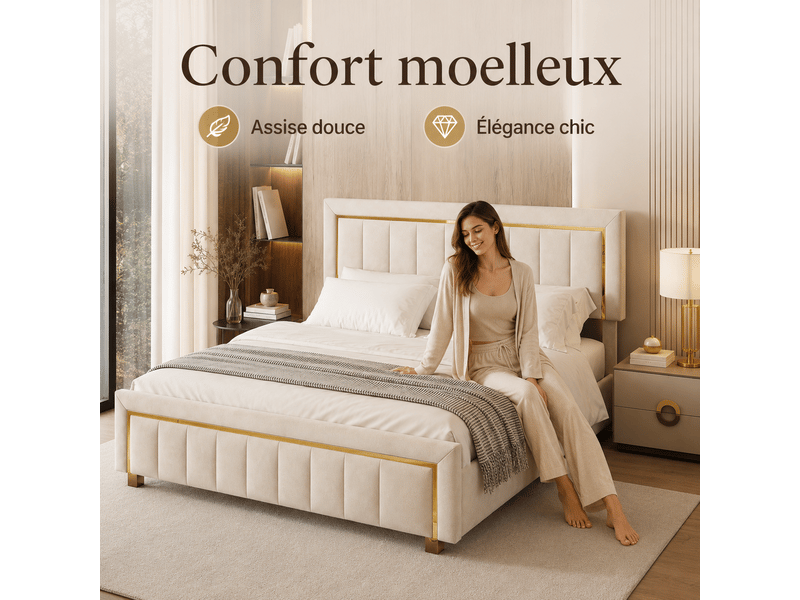 Lit coffre adulte 140x190 cm - lit rembourré double avec sommier à lattes et espace de rangement hydraulique - lit capitonné - cadre de lit 2 personnes - sommier à lattes et tete de lit rembourré - velours beige - sans matelas -… - Conforama E