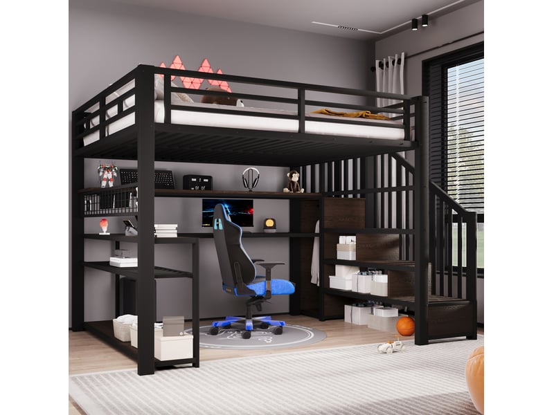 Lit mezzanine 140x200 cm, éclairage led rgb, bureau armoire rangements, métal mdf noir sans matelas - Conforama E