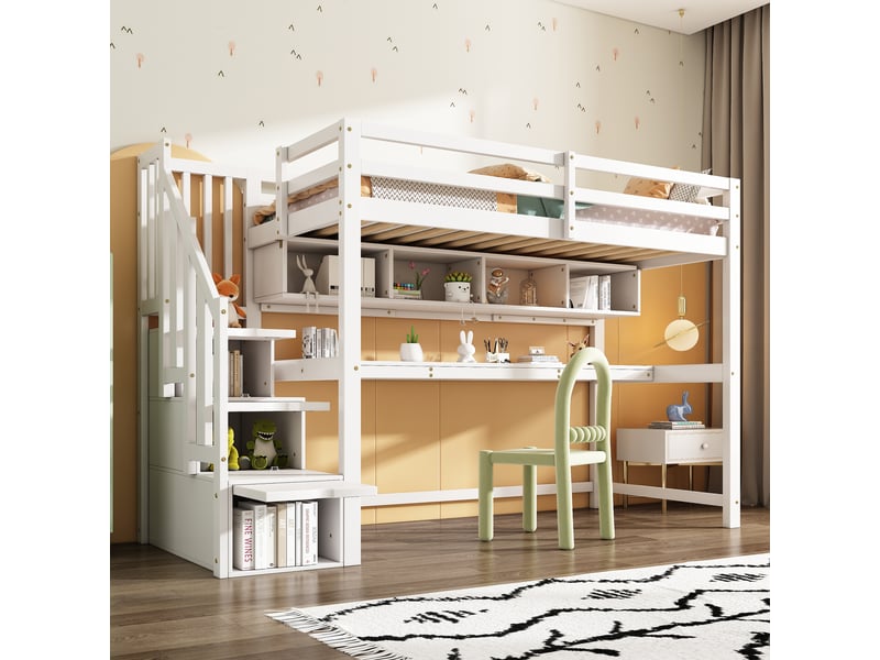  Lit mezzanine 90x200 cm avec escalier à rangements, lit enfant avec grand bureau et étagères, blanc, bois massif + mdf  - Conforama D
