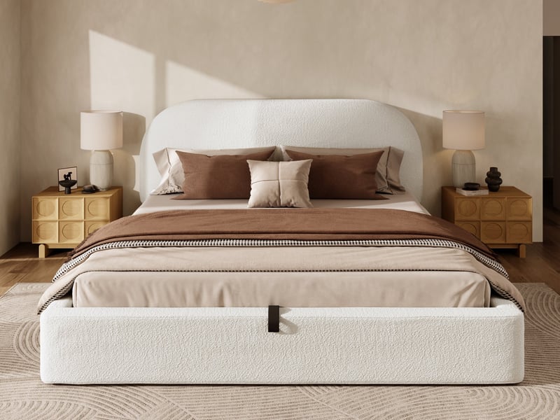  Lit coffre 160 x 200 cm, avec grand espace de rangement, sommier à lattes et tête de lit rembourrée, finition bouclette, beige  - Conforama B