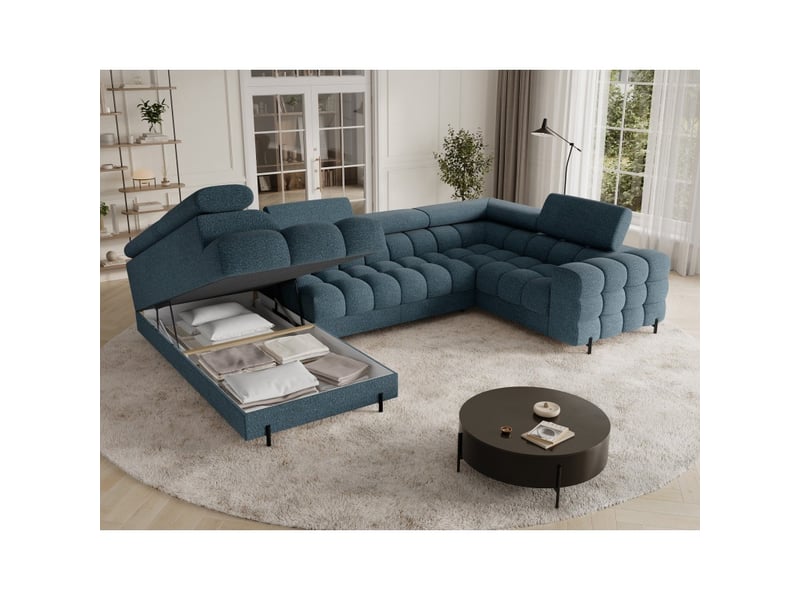  Canapé panoramique convertible factory 3 places bleu chiné – angle gauche avec coffre  - Conforama D
