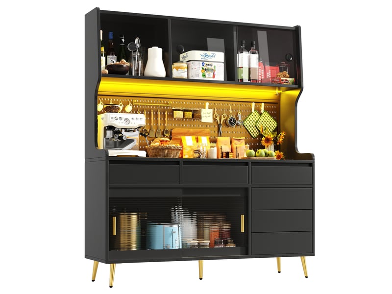 Buffet haut 145 x 39 x 171 cm avec led connectée et portes coulissantes, noir - Conforama A
