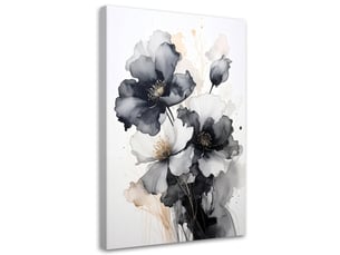 Tableaux, fleurs noires et blanches dans une délicate composition à l'aquarelle 20x30