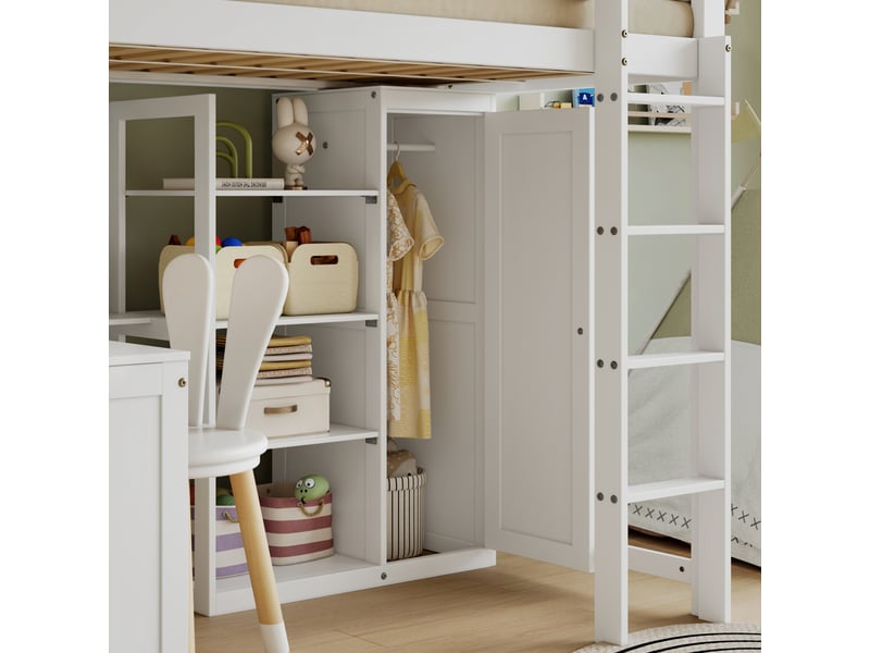  Lit superposé 90×200 cm avec bureau, armoire, étagères, barrière et échelle, bois blanc sans matelas  - Conforama D