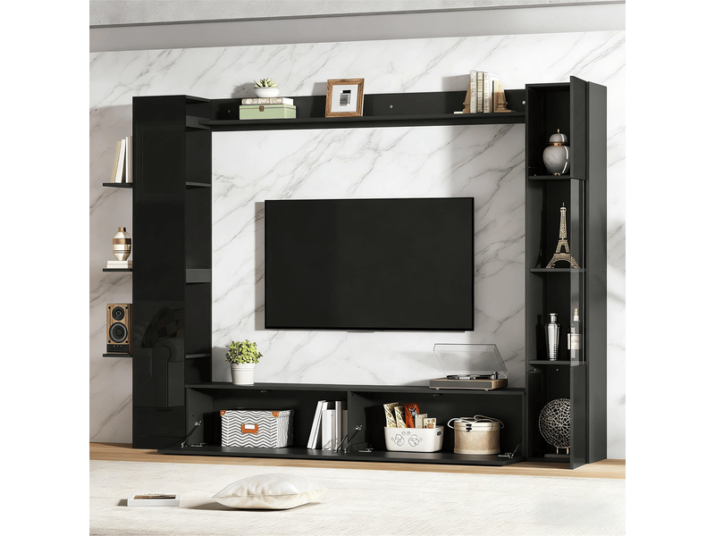 Meuble tv mural avec rangements intégrés, vitrines et étagères ouvertes, grande largeur 245 cm, finition noire brillante - Conforama E