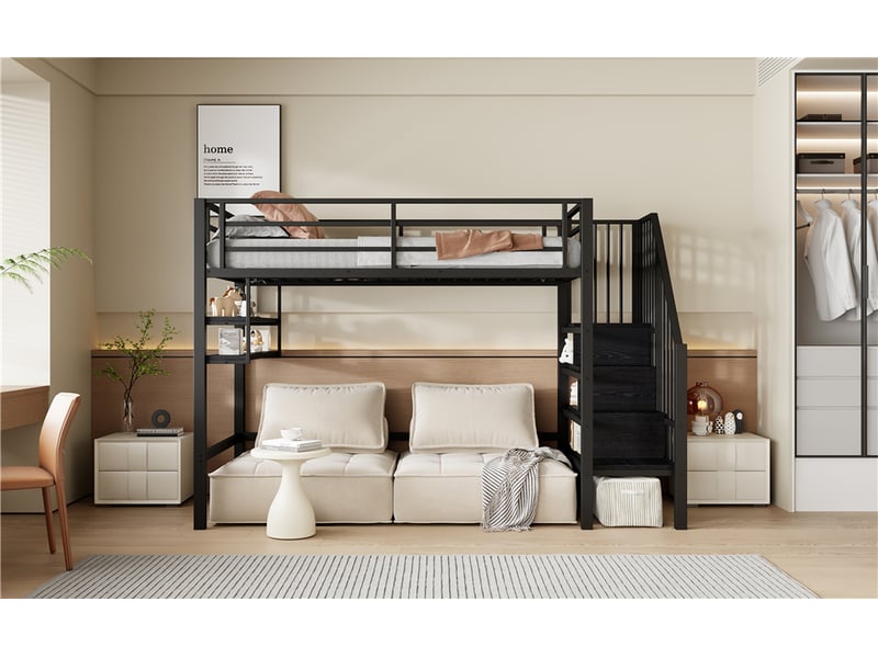  Lit mezzanine 90 × 200 cm, escalier avec rangements, étagères aux extrémités, métal et mdf, sommier à lattes, noir  - Conforama B